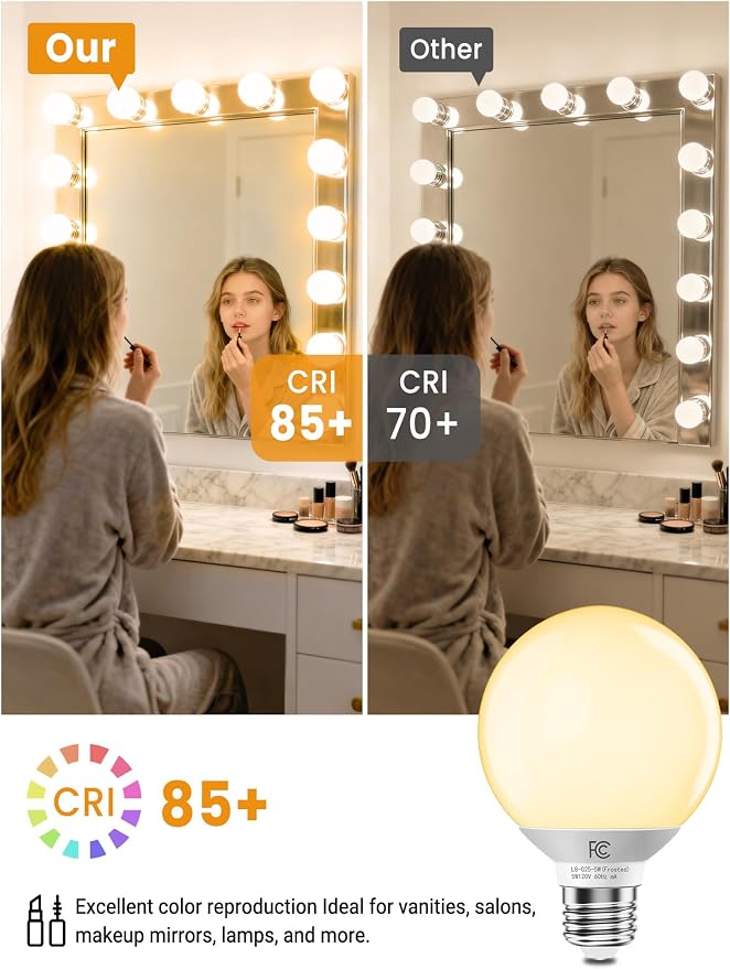 TJOY G25 LED Globe Light Bulbs, Vanity Light Bulb for Bathroom 40W Equivalent, 2700K Soft Warm White E26 Base, Round Decorative Bulb for Vanity Makeup Mirror, CRI85+, 450LM, Non-Dimmable, UL, 4 Pack