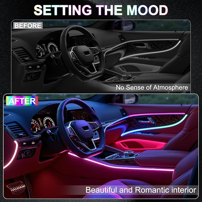 Dreamcolor Acrylic Interior Car LED Strip Lights, 18 in 1 Ambient Lighting Kit with Wireless APP, Dynamic Chasing Music Sync Fiber Optic Lights with DIY Mode, Car Inside Lighting Accessories