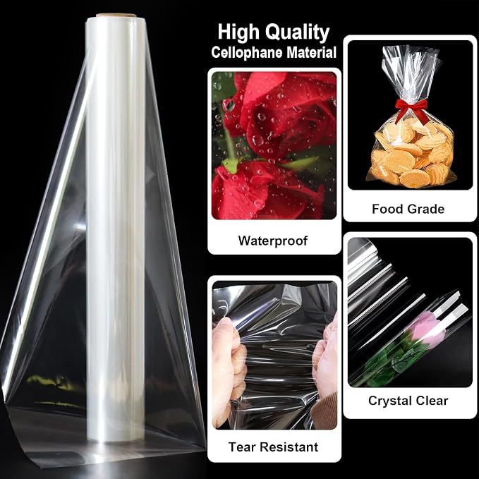 SYOGUA 100 ft Extra Wide Clear Cellophane Wrap Roll, 34" x 100', Thicker Transparent Paper for Gifts, Treats, Holidays, Christmas