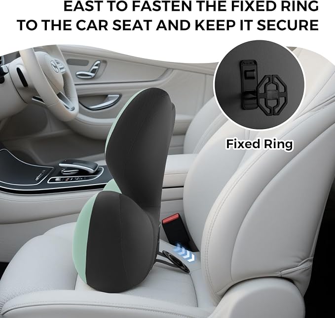 BEBAS Ergonomic Memory Foam Lumbar Support Pillow for Car, Green | Zoned Pressure Relief for Back Support, Lumbar Cushion with Fixed Ring, Breathable Washable Cover, Fits for Driving & Office