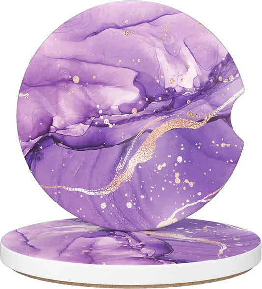 Car Cup Holder Coaster, Car Coasters for Cup Holders, 2 Pack Universal Anti Slip Insert Absorbent Ceramic Auto Interior Accessories with A Finger Notch & Cork Base, Purple Marble