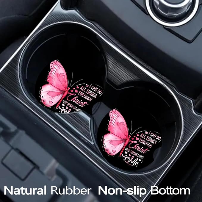2 Pack Pink Butterfly Car Cup Holder Coasters Universal Neoprene Coasters | 2.75" Universal Size Anti Slip Rubber Mat, Auto Cup Holder Accessories for SUV Truck, Butterfly Gifts for Women Men Mom