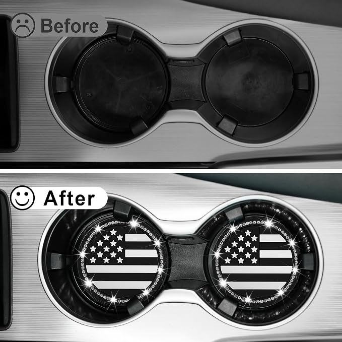 JUSTTOP Bling Car Cup Holder Coaster,4PCS American Flag Cup Holder Insert,Universal Non-Slip Cup Holders,Car Accessories Interior for Women and Man(Black)