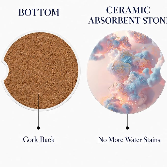 2Pack Car Cup Holder Coasters Absorbent Ceramic Coaster 2.56" for Women & Men Cute Car Accessories Pink Clouds