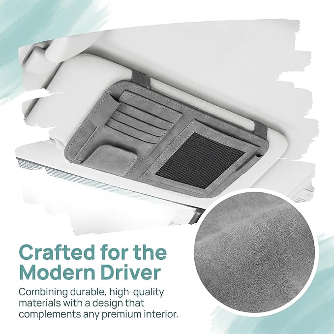 Car Sun Visor Organizer, Multi-Pocket Vehicle Sun Visor Storage Pouch with Sunglasses Clip, Auto Interior Sunshade Eyeglasses Card Holder Organizers, Universal for SUV Sedan Truck (Gray)