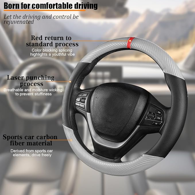 Carbon Fiber Car Steering Wheel Cover, Leather Breathable Automotive Wheel Protector, 15 Inch Anti-Slip Vehicle Interior Steering Accessories, Universal for SUV Truck Sedan (Silver Gray)