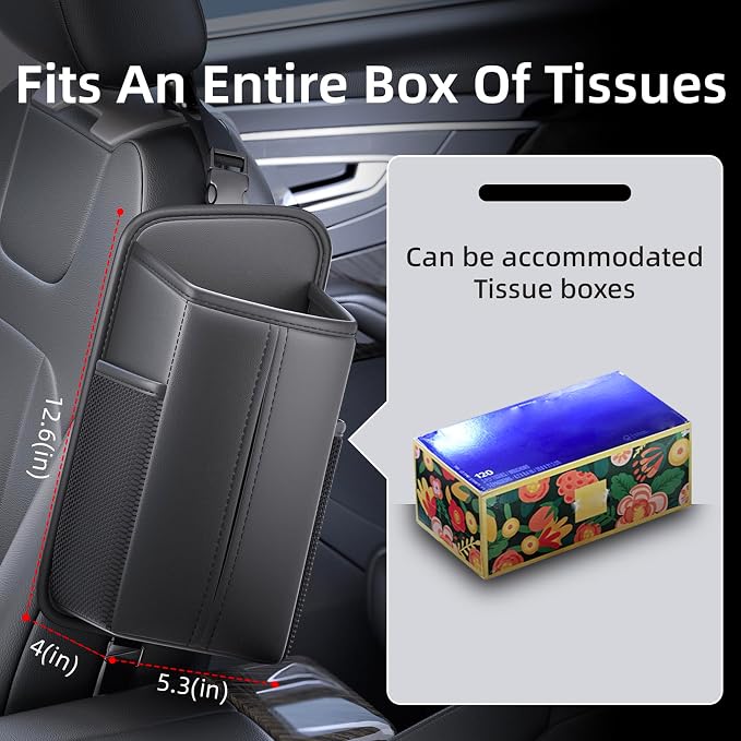Car Tissue Holder for Front Seat, Headrest Organizer with 2 Side Mesh Pockets for Phones & Cards, Square PU Leather Tissue Box Cover Holds 150 Tissues (2 Pack)