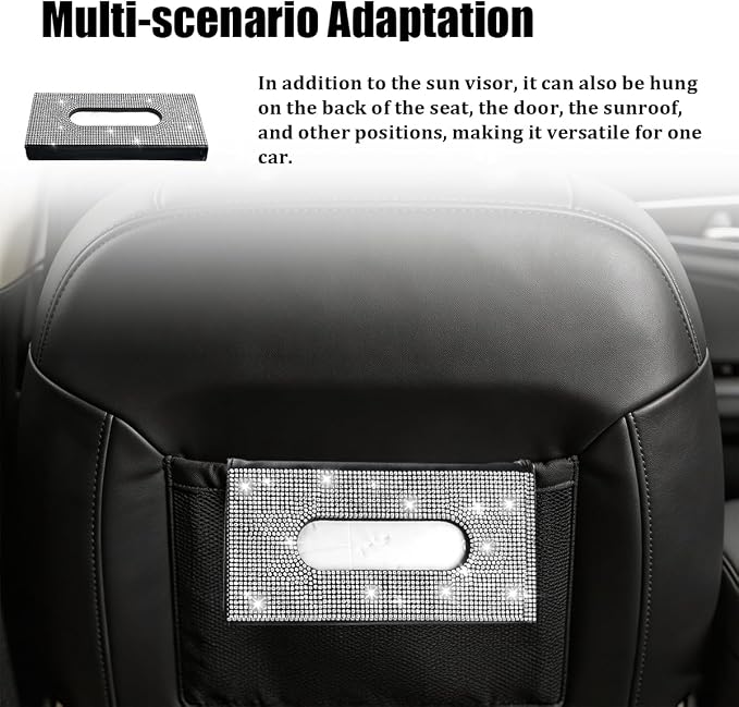 Bling Car Visor Tissue Holder, Shiny Rhinestone Leather Sun Visor Napkin Mask Case Holder Clip, Diamond AUT Paper Tissue Towel Box Dispenser, Universal Fit (White/Black)