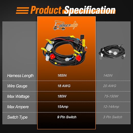 Upgrade Golf Cart Light Wire Harness for Club Car DS&EZGO TXT RXV&Yamaha Models, 9 Pin Plug Universal Golf Cart Headlight Taillight Harness with Fuse, Plug and Play