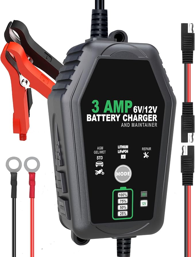 3 AMP Battery Charger, 6V/12V Car Motorcycle Smart Trickle Chargers | Fully Automatic Battery Chargers, Battery Maintainer for Car, Motorcycle, Boat, Lead-Acid, Lithium, LiFePo4 Batteries
