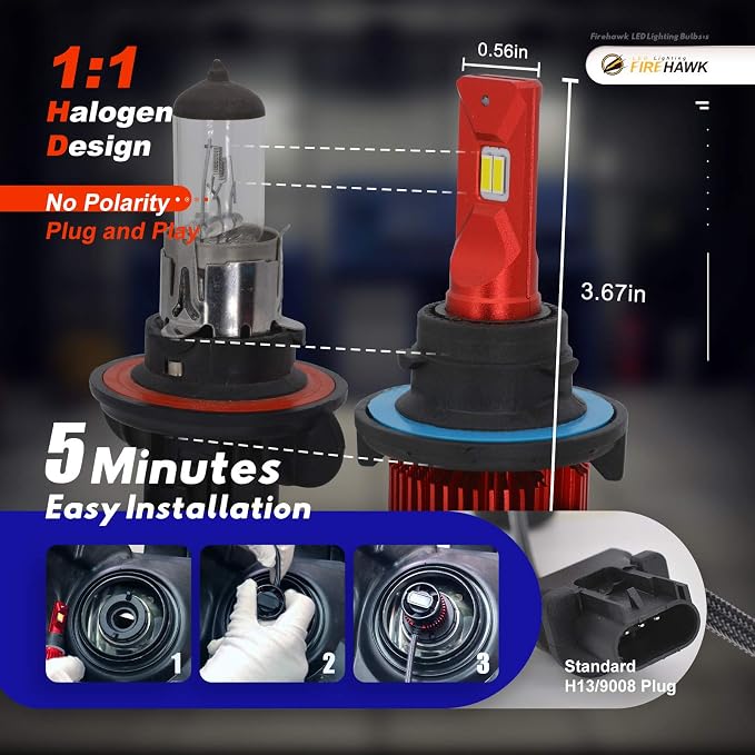 Firehawk 2026 New H13/9008 LED Bulbs 50000LM 700% Brighter 6000K Cool White Japanese Chips IP68 Waterproof Fog Light, Pack of 2