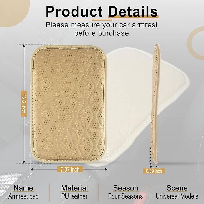 Amiss Car Center Console Cover, Leather Car Armrest Cushion, Universal Waterproof Cushion Pad, Non-Slip Car Interior Accessories, Fits Most Sedans SUVs Trucks (Light Beige)