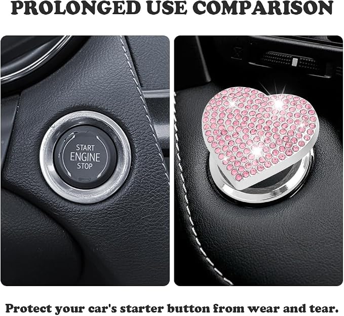 Bling Push Start Button Cover with Rhinestone,Heart Push to Start Button Cover for Car Decor,Diamond Engine Start Buttons Cover Car Accessories Interior for Women & Girl (Pink)