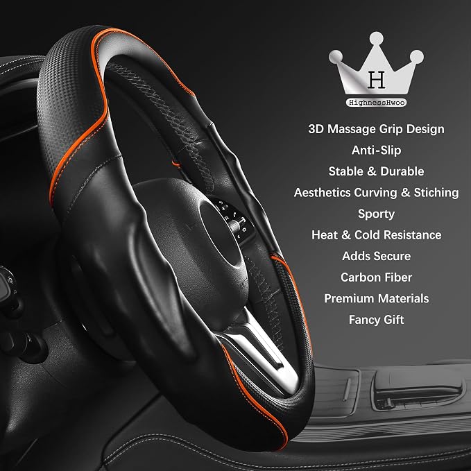 HighnessHwoo 3D Car Steering Wheel Cover Comfort Grip Massage Sporty Anti-Slip Carbon Fiber Faux Leather for F150, Trucks, Jeep, Van, Car Handle Covers for All Seasons, 15.2-16in, Orange