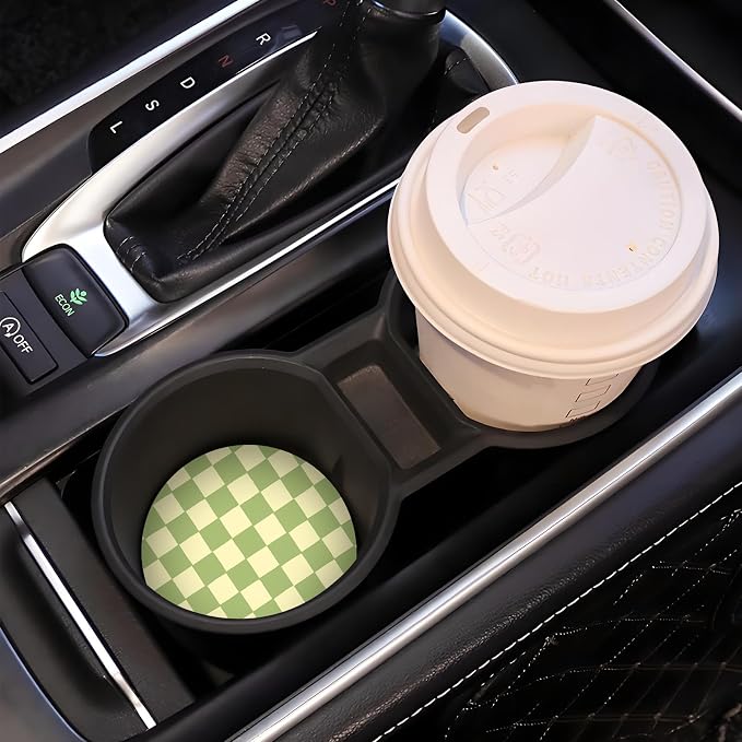 Beige Green Checkerd Car Coasters for Cup Holder Absorbent Ceramic Cup Coaster 2 Pack Anti Slip Car Interior Accessories with Finger Notch Cork Base for Women Men 2.56"