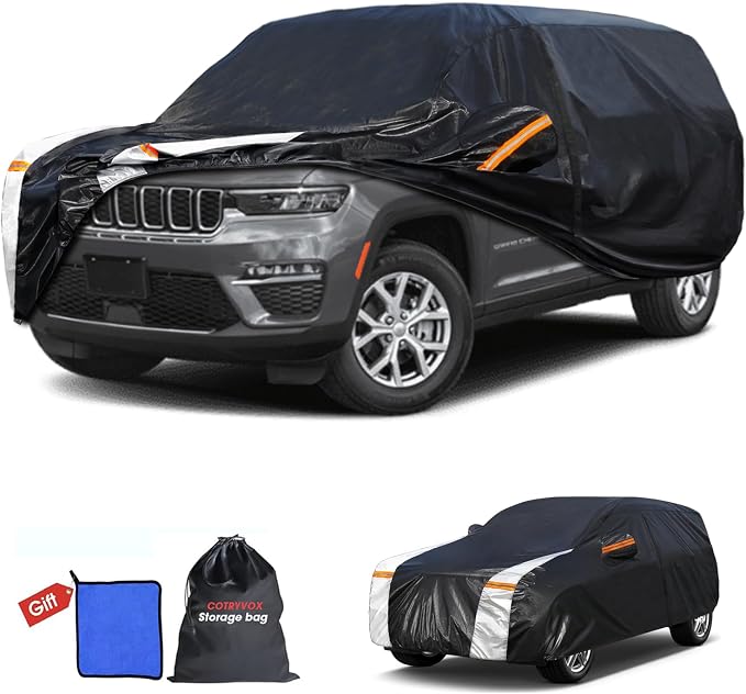 Multi-Layer Car Cover Custom Fit for Jeep grand Cherokee long(2021-2026), 100% Waterproof All Weather for Automobiles, Gift with Towel, Heavy Duty Car Covers for Rain Sun UV Protector With Door Zipper