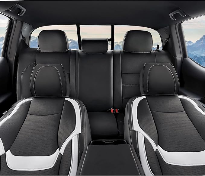 DrCarNow Super Cover for Toyota Tacoma Seat Covers 2016-2022 2023,Fit for Tacoma Crew Cab/Double Cab (Black and White) Waterproof Leather Accessories(Not Fit the Fourth Generation)