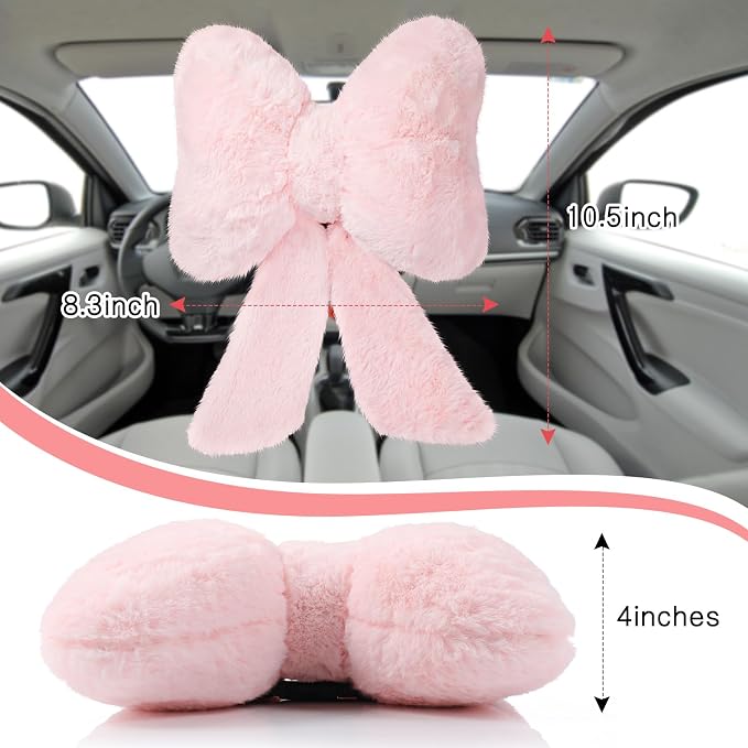 Macarrie 2 Pcs Pink Car Neck Pillow Plush Butterfly Bow Car Headrest Pillow Comfortable Seat Neck Support Cute Head Rest Accessories for Driving Travel Driver Chair Girl Interior Decor(Solid)
