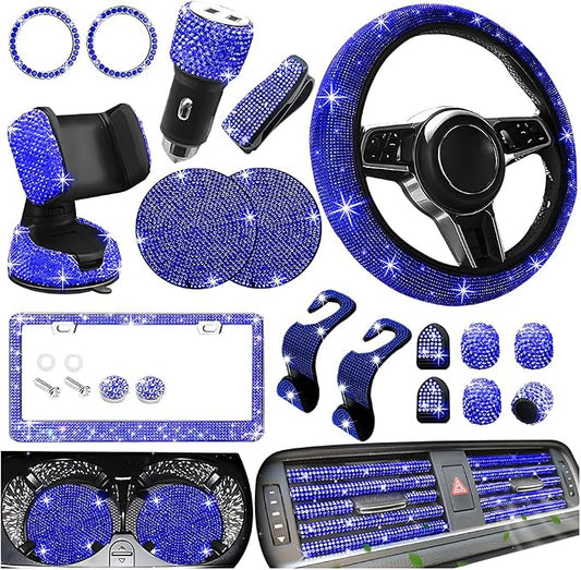 27PCS Bling Car Accessories Set for Women, 14.5-15" Crystal Rhinstone Steering Wheel Cover, License Plate Frame, USB Charger Phone Holder, Girly Auto Interior Decor Set, Universal Fit (Blue)