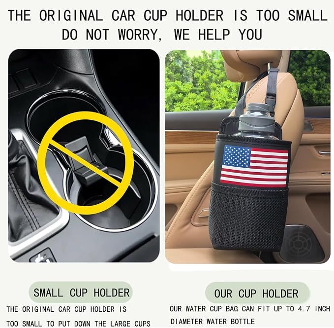 Large Car Cup Holder Expander Big Drinks Holder Bag (Black-US Flag) | Fits Large 24/36/40/46oz Water Bottles,- Universal Auto Vehicle for Cars, SUV & Truck RV's golf-carts