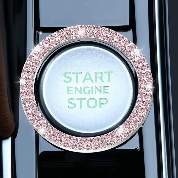 LivTee Car Engine Start Stop Decoration Ring, Crystal Double Rhinestone, Bling Car Interior Accessories for Women, Key Ignition & Knob Bling Ring, Push to Start Button Cover/Sticker, Pink