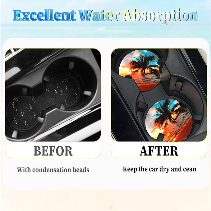 Jeffdad Car Cup Holder Coasters, 2 Pack Absorbent Ceramic Coaster 2.56" Universal Ceramic Stone & Non-Scratch Cork Base Coasters Auto Accessories for Women & Men(Ocean)