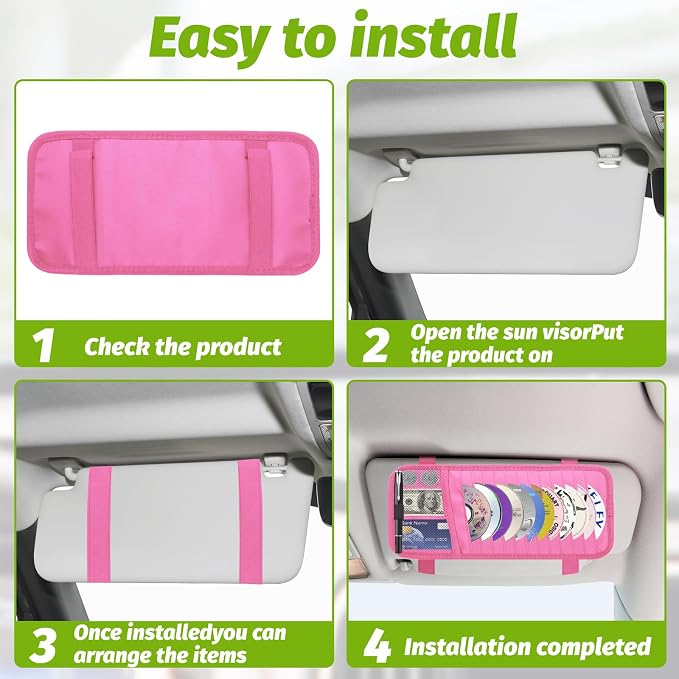 Car CD & DVD Holder - Large Capacity CD Visor Case, Vehicle Visor Storage Organizer with 12 Disc Sleeves, 1 Mesh Pocket 1 Pen Holder and & Elastic Band (Pink)