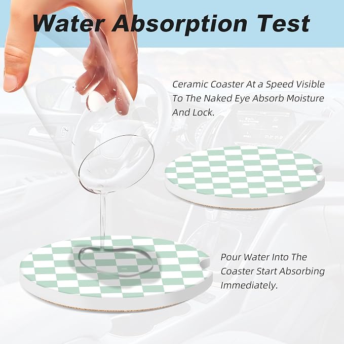 White and Green Checkered Car Coasters for Cup Holders,2 Pack Car Cup Holder Coasters for Car,Ceramic Absorbent Car Coaster with A Finger Notch and Cork Base,Car Interior Accessories for Women Men