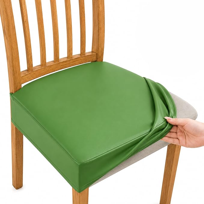 NILUOH Waterproof Seat Covers for Dining Room Chairs Set of 4, Pu Leather Chair Seat Slipcovers Dining Chair Cover Removable Washable Chair Protctor Cover, Rear Covers (PU-Grass Green)