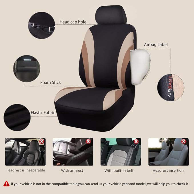 CAR PASS Line Rider Sporty Cloth 11PCS Universal Fit Car Seat Cover -100% Breathable with 5mm Composite Sponge Inside,Airbag Compatible,3zipper Bench(Full Set, Black and Beige)
