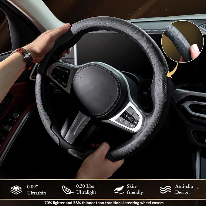 Aimato Car Steering Wheel Cover, Ultra-Thin Car Steering Wheel Cover,Comfortable & Breathable Microfiber,Universal Fit for Most Cars, Nappa Black