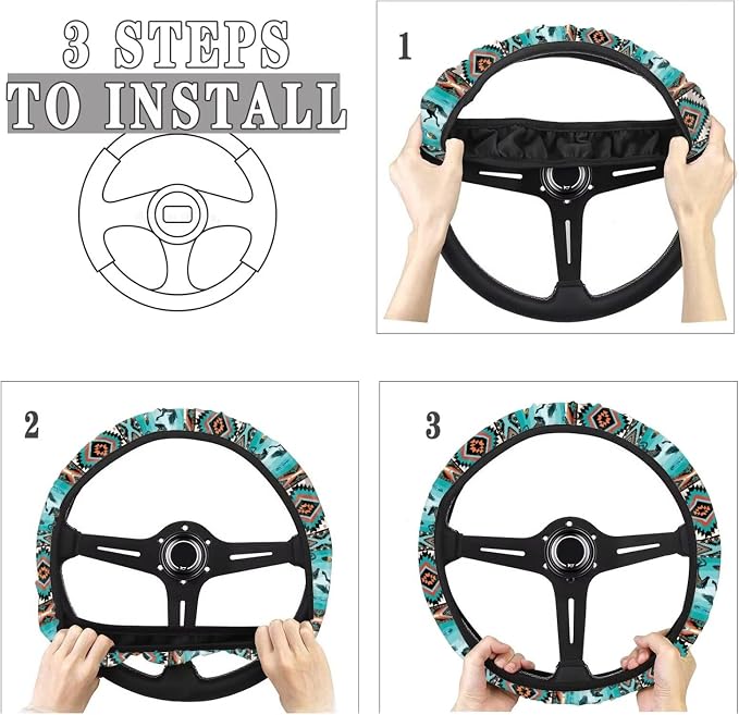 Wanyint Car Steering Wheel Cover for Women Men, Soft Neoprene Stretchy Anti-Slip 15 Inch Steering Wheel Protector Universal Auto Decor, Aztec Geometric Horse Turquoise