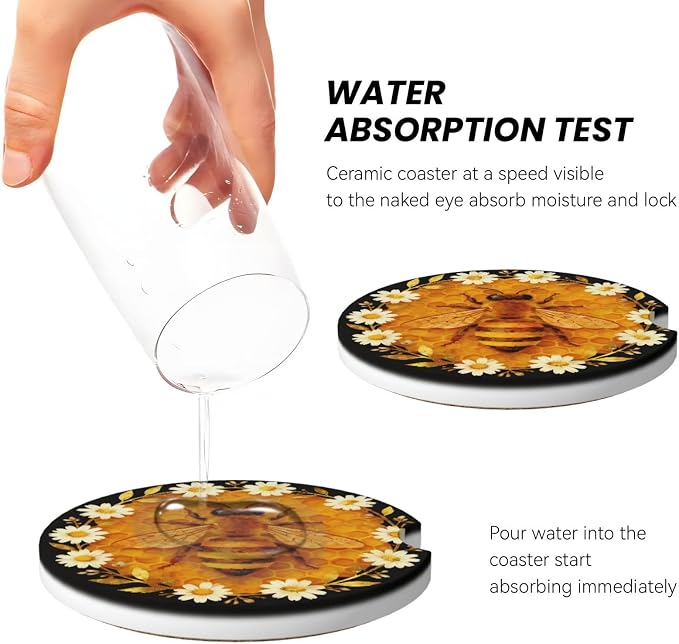 Bees Daisies Golden Honeycomb 2 Pack Car Cup Holder Coasters Absorbent Ceramic Drink Coasters 2.56" Anti Slip Cup Mat with Cork Base and Finger Notch Auto Accessories Interior for Women Men