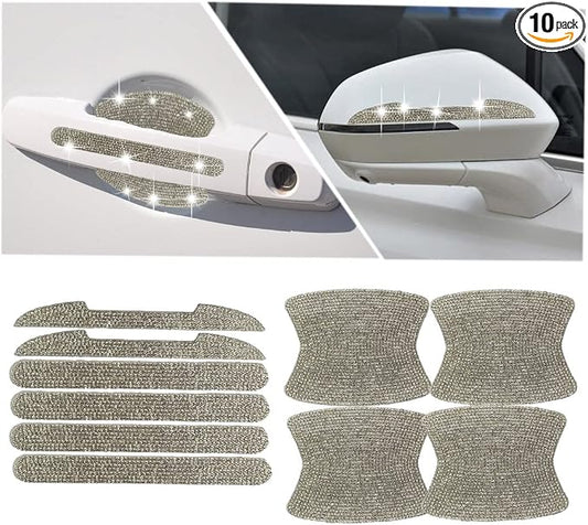10PCS Bling Car Door Handle Reflective Trim Decals Stickers,Universal Rhinestone Door Side Rear View Mirror Scratch Resistant Protector Cover Car Accessories White