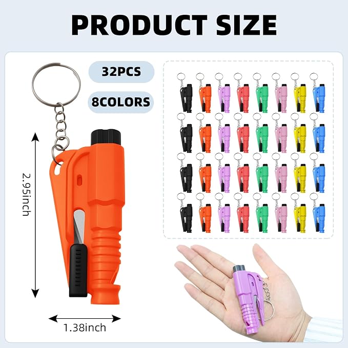 32 Pcs Car Window Breaker Key Chains, 3 in 1 Glass Breaker Seat Belt Cutter Survival Whistle, Portable Safety Emergency Escape Tools, Multifunctional Car Accessories for All Vehiclesains