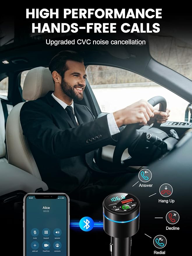 RIWUSI FM Transmitter for Car Bluetooth 5.3, [All-Metal] PD 30W & QC3.0 18W Fast Car Charger, Wireless FM Radio Kit Bluetooth Car Adapter, Noise Cancelling Hands-Free Call, Blue Light - Black