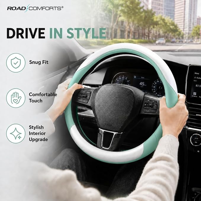 Road Comforts Steering Wheel Cover – Breathable Leather Steering Wheel Cover, Anti-Slip Grip, Universal Fit 14.5” to 15”, Heat & Cold Resistant for Cars, SUVs, and Trucks –Shining White & Mint