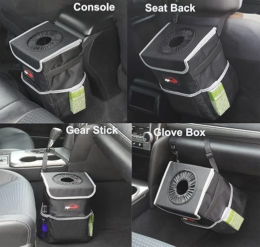 EPAuto Waterproof Car Trash Can with Lid and Pockets, 2.5 Gal, Black | Leakproof, Collapsible Multipurpose Car Bin with 3 Side Storage Pockets, Adjustable Straps
