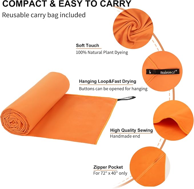 Rainleaf Microfiber Towel Quick Dry Camping & Travel & Gym Towel. Compact | Super Absorbent, Lightweight, Fast Drying. Suitable for Beach, Bath, Backpacking, Hiking, Swim.