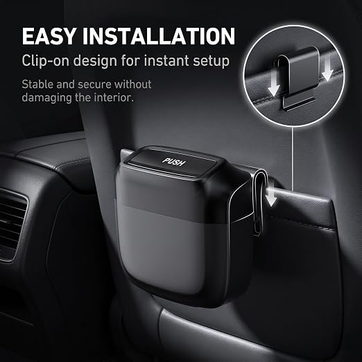 Car Trash Can with Lid, Mini Portable Hanging Clutter Canister with Trash Bags, Waterproof Leakproof Push-Button Storage Bucket, Universal Interior Accessories for Cars Trucks SUVs (Black)