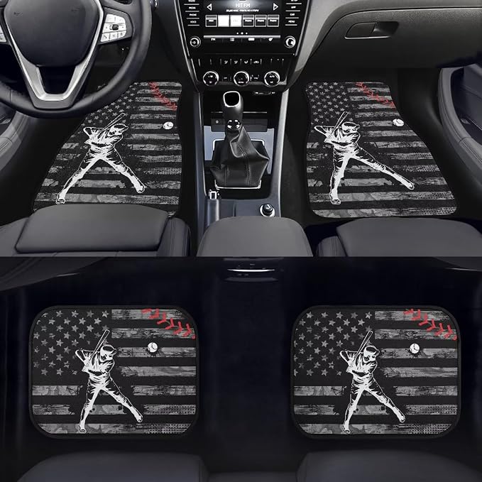 Baseball Print Car Floor Mats Set of 4 Retro American Flag Sports Ball Universal Vehicle Floor Carpet Decorative Auto Front Rear Foot Rugs for Trucks SUV Sedan
