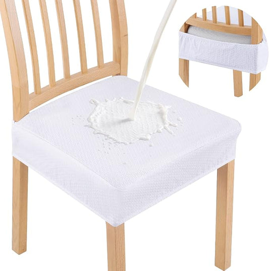 Smiry Waterproof Seat Covers for Dining Room Chairs Set of 4, Stretch Jacquard Removable Washable Chair Seat Slipcovers Protector, No Rear Covers, White