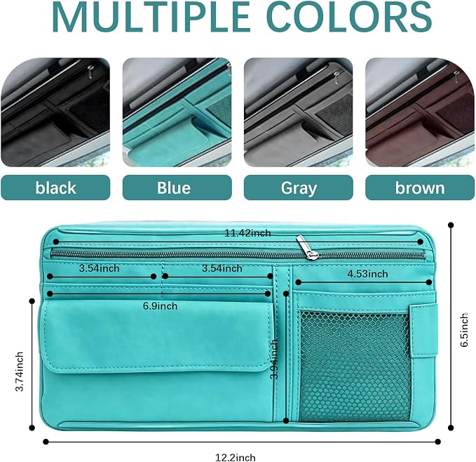 Car Sun Visor Organizer, Visor Accessories, Leather Sunvisor Pocket Organizer Case with Multi-Pocket Net Zipper, Waterproof Auto Sunshade Organizer Bag for Card Pen Sunglasses Document (Blue)