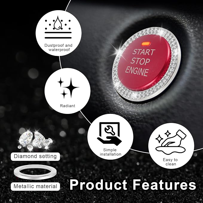 LivTee Engine Start Stop Decoration Ring, Crystal Double Rhinestone, Key Ignition & Knob Bling Ring, Push to Start Button Cover, White