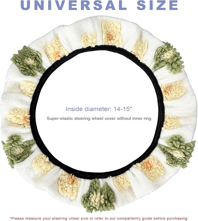 Plush Flowers Steering Wheel Cover, 15 inch Anti-Slip Breathable Steering Wheel Protector Cute Floral Decor, Elastic Soft Wheel Cover Universal Fit for Most Vehicles (Beige)