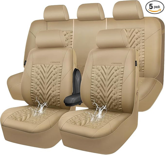CAR PASS Neoprene Waterproof Seat Covers Full Sets, Wetsuit Car Seat Covers 5 Seats Universal Fit for Vans, Truck, SUV, 3D Tyre Embossed Seat Covers Anti Slip with Armrests, Aibag Compatible All Beige