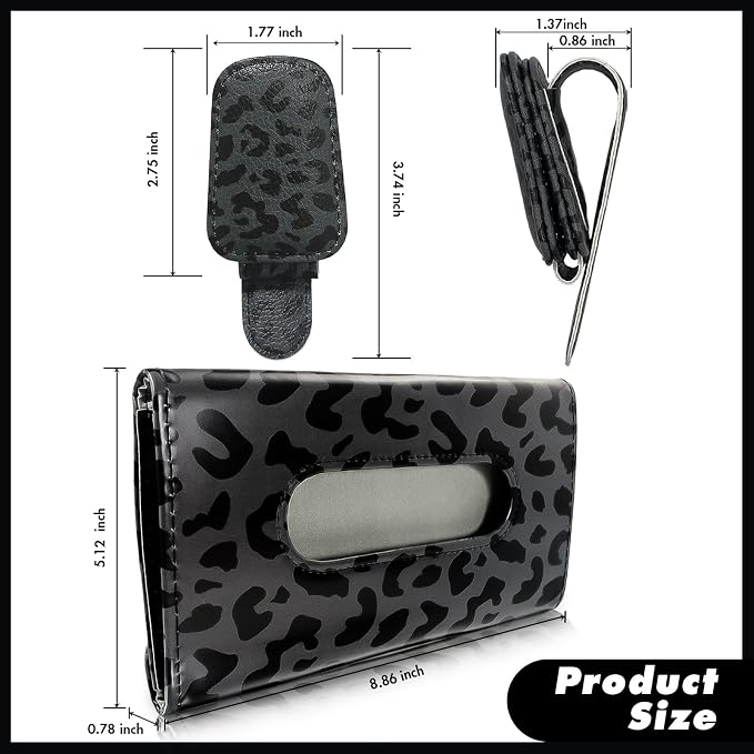 2 Pcs Sunglass Holder and 1Pcs Car Tissue Holder for Car, Magnetic Leather Sunglasses Holder Car Sun Visor Glasses Hanger Clip,Car Interior Accessories for Women(Black Leopard Print)