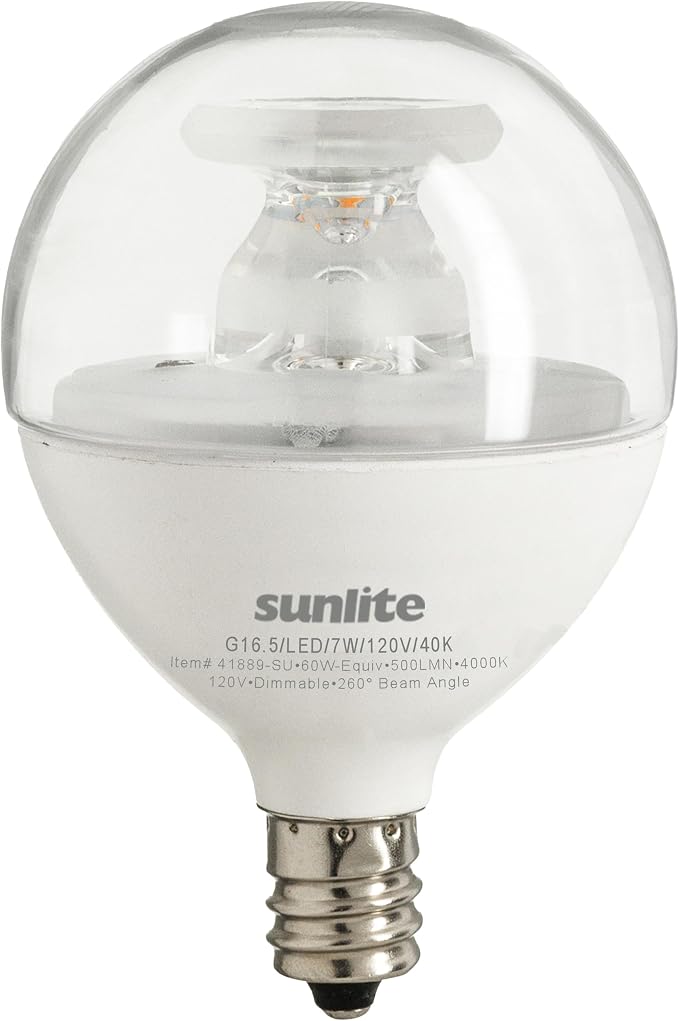Sunlite G16.5 Light Bulb LED, 7 Watts (60W Equiv.), 500 Lumens, Dimmable, Type G Globe Shape E12 Candelabra Base, Short Bulbs, Vanity Mirror Bulbs, 4000K Cool White, Clear, 6 Count