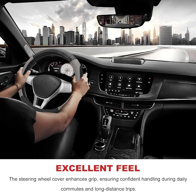 Sport Leather Steering Wheel Cover, 14.5-15 Inch Breathable Auto Steering Wheel Protector with Anti-Slip Lining, Soft Comfortable Leather Wheel Protector for Cars Trucks SUVs (Black & Gray)