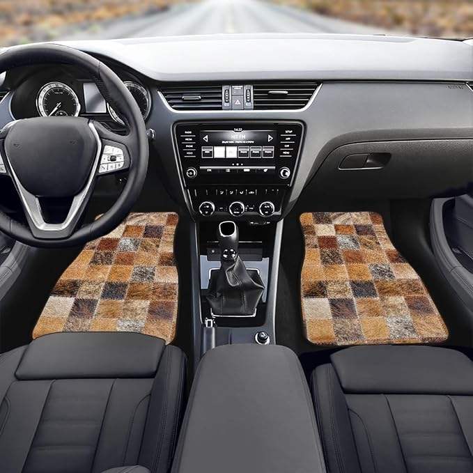 Faux Cowhide Patchwork Print Car Floor Mats Set of 4 Retro Cow Fur Pattern Universal Vehicle Floor Carpet Decorative Auto Front Rear Foot Rugs for Trucks SUV Sedan